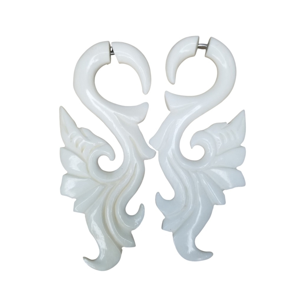 Hand Carved Horn Faux Gauge Earrings Cream Wave Scroll Bali New